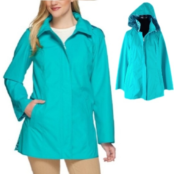 dennis basso Jackets & Blazers - Dennis Basso Womens L Turquoise Full Zip Hooded Rain Coat
